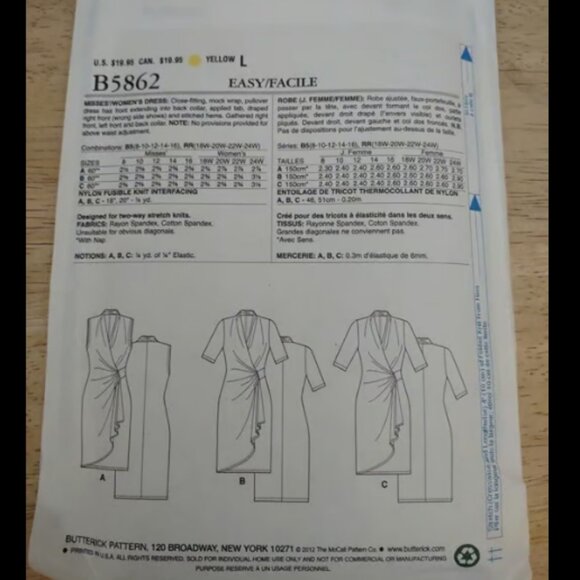 Butterick B5862 Women's Stretch Knit Mock Wrap Dress Pattern Sz 18W-24W - Picture 2 of 2